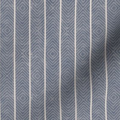 Small Chevron Block Printed Stripe in dark blue on pale grey