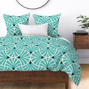 Large textured abstract retro teal blue and black scallop florals on beige