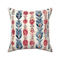 Red Floral and Blue Leaf Stripe Pattern in Painterly Style