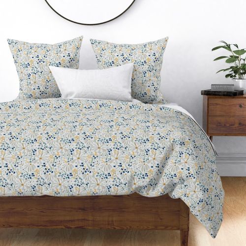 Medium Daisy Flowers Grey Blue Green Teal Gold Yellow Watercolor Wallpaper