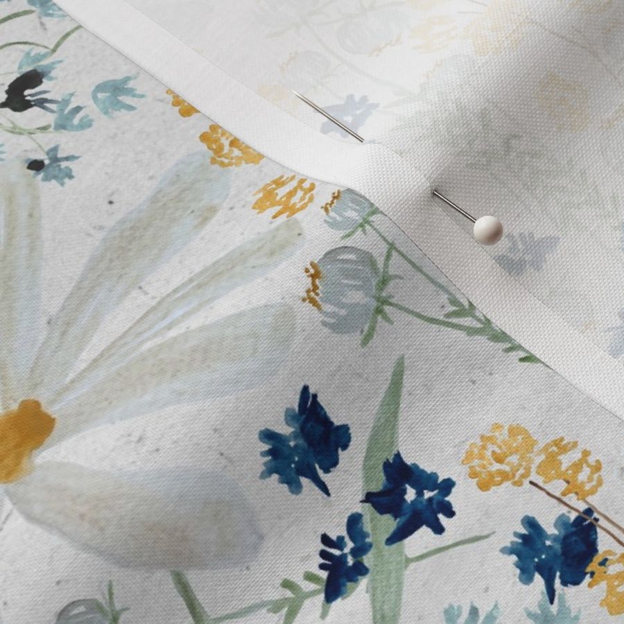 Medium Daisy Flowers Grey Blue Green Teal Gold Yellow Watercolor Wallpaper