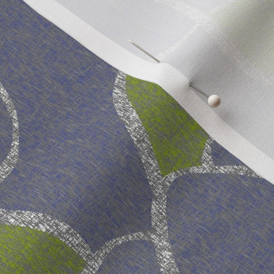 White scribble in tealish blue linen textured fabric with green shapes