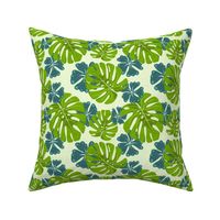 Tropical Hibiscus flowers and Monstera Leaves - green and dark teal