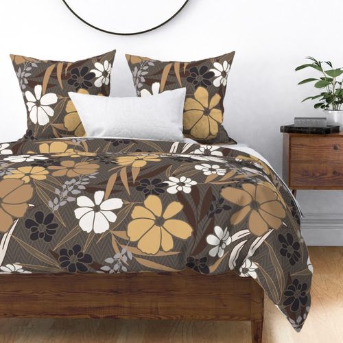 (XL) Whimsical Autumnal Flowers Foliage - artichoke green brown - tweed