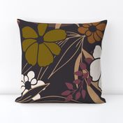 (XL) Whimsical Autumnal Flowers Foliage - taupe brown beige artichoke green