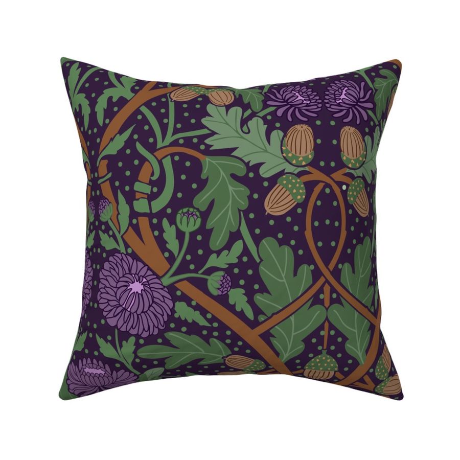 Chrysanthemum and Oak Damask Dark Purple - Large Scale