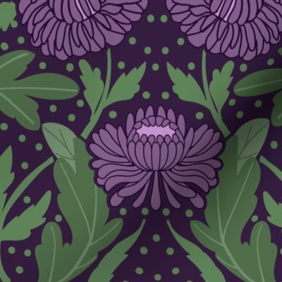 Chrysanthemum and Oak Damask Dark Purple - Large Scale