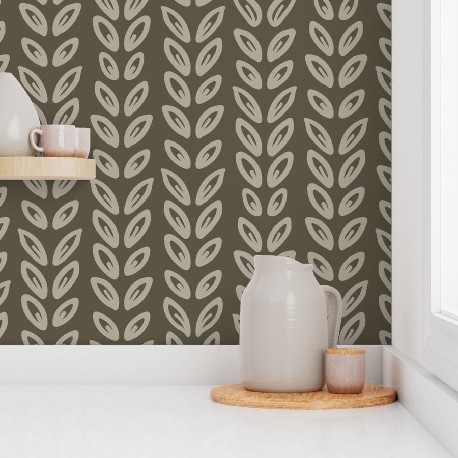 Vertical Striped Leaves - Clay On Olive Green - muted earthy botanicals