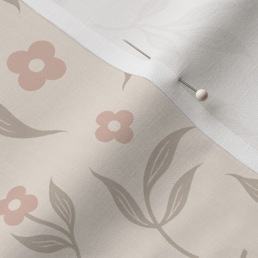 Small - Tossed beige leaves and pink flowers on cream background