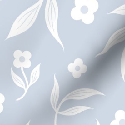 Large - Tossed white leaves and flowers on light blue background