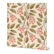 Cozy Rustic Cabincore Botanical in Warm Fall Cream (L) - Berries and Leaves