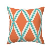 Large vertical retro orange and blue boho harlequin argyle diamonds beige