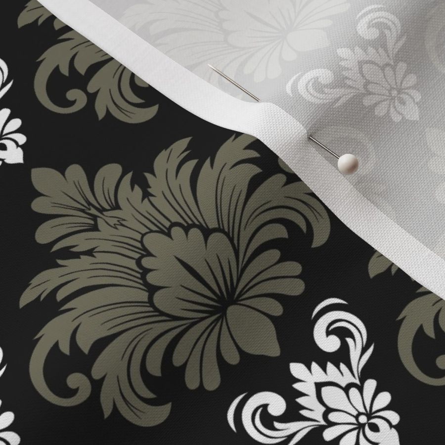 Regency Sage and White Damask on Black - Coordinate