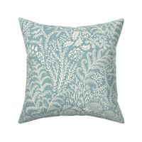 Forest floor with ferns and hedgehogs cream icy tranquil blue -large 18"