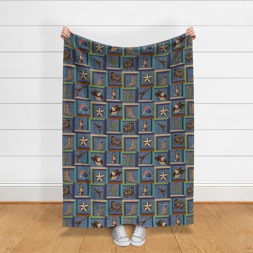 Western Patchwork Pattern Cheater Quilt Slate Blue -Cowboy Icons-Cactus-L