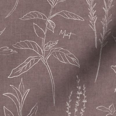 Cottage Herb Garden Rustic Linen Texture Botanicals - Mauve Purple - Large