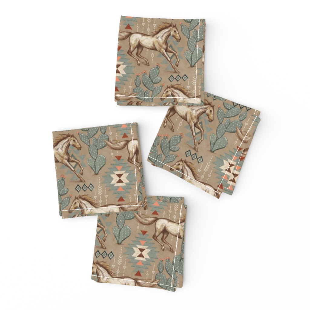 Southwestern Suede with Horses and Cacti on Taupe Small