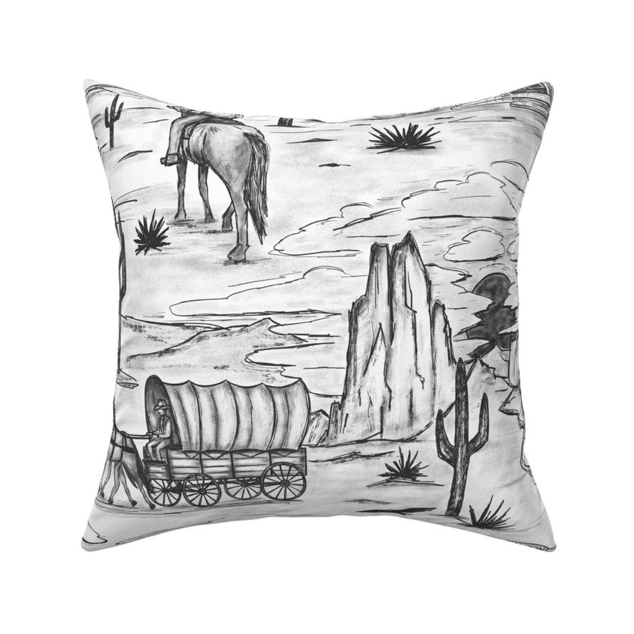 (L)Travel to the Wild West- toile de jouy-cowboy horse desert sun-dark gray