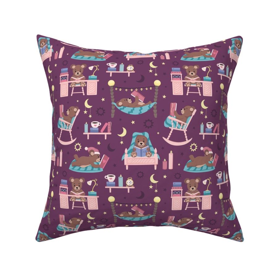 Cute Cozy Brown Bears Reading in Pink Beds at Night - Purple - Small Scale