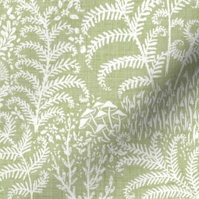 Forest floor with ferns and hedgehogs white pistachio sage green -large 18"