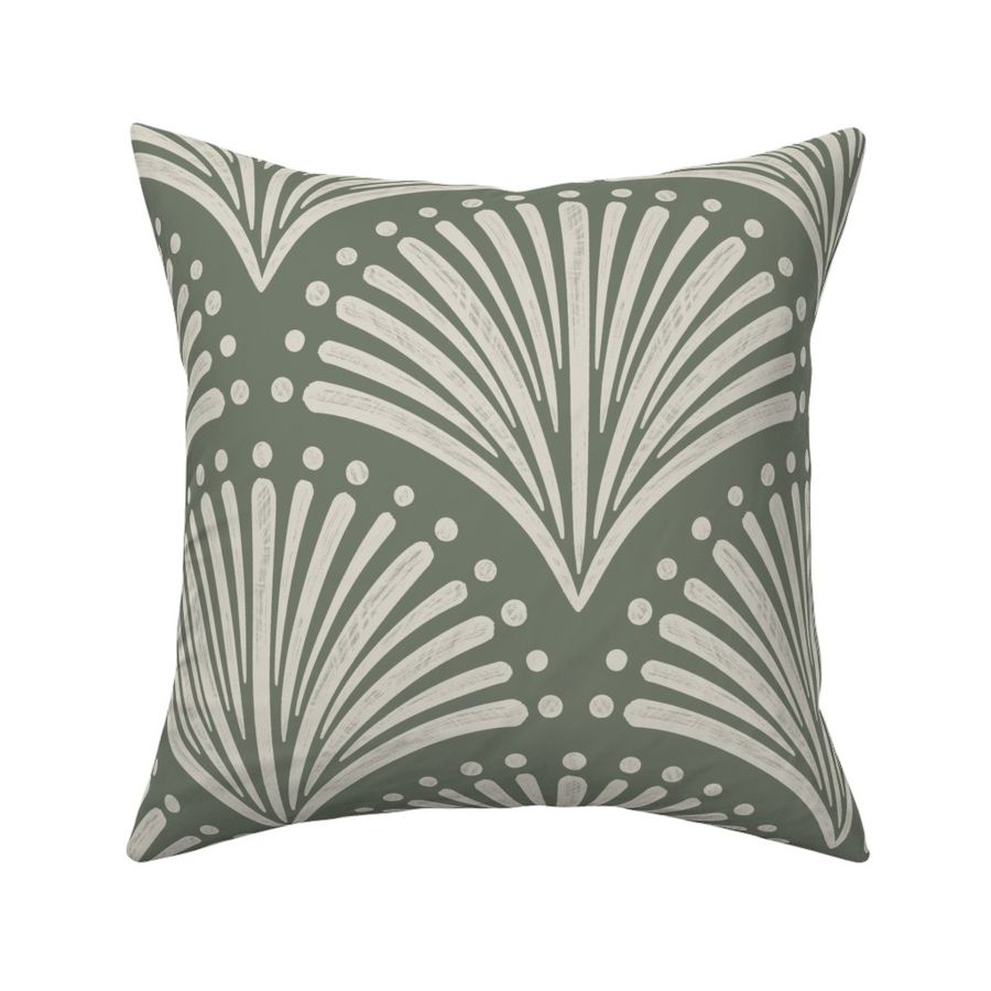 (L) Scallop Fans Art Deco Cream on Artichoke Green