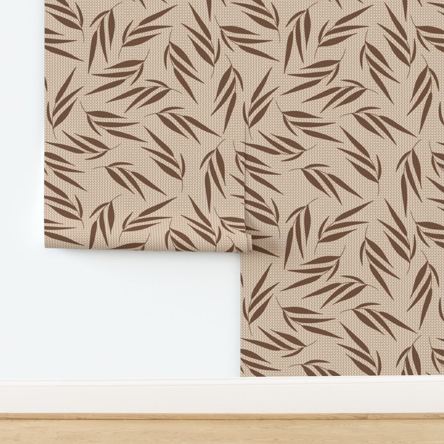 (XL) Foliage With Rough Waffle Texture - dark brown tossed leaf on beige