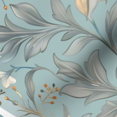 Lilies & Snowdrops Damask - Blue/Cream on French Blue Shadow Wallpaper