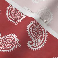 Medium White Paisley On Crimson Red Textured Background