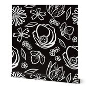 Stylized White Outlined Flowers with Black Background - Garden Silhouettes