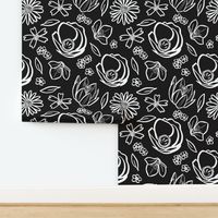 Stylized White Outlined Flowers with Black Background - Garden Silhouettes