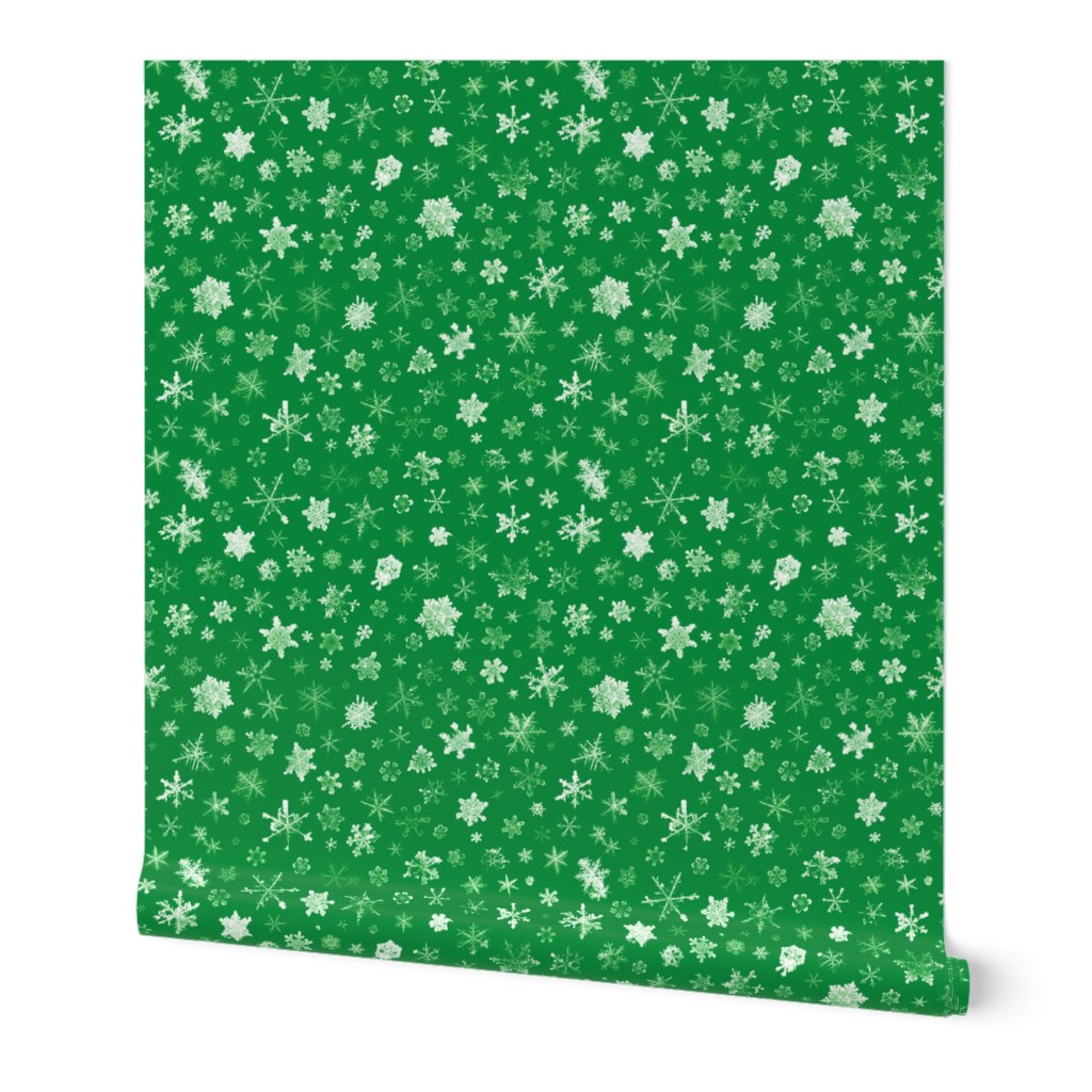 photographic snowflakes on deep spearmint green (large snowflakes)