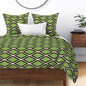 Large rotated retro green and beige harlequin argyle diamonds coal black