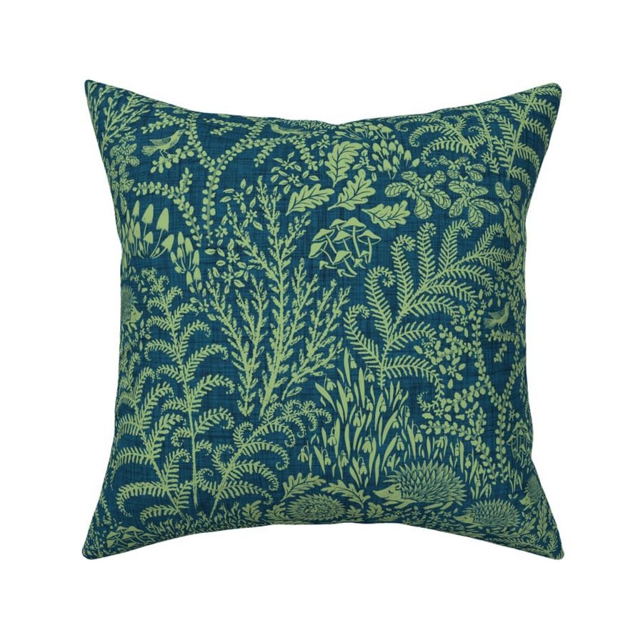 Forest floor with ferns and hedgehogs sage green dark blue -large scale 18"