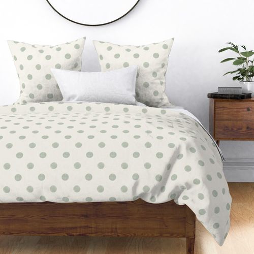 (medium scale) Polka dots block print ivory white soft muted sage green