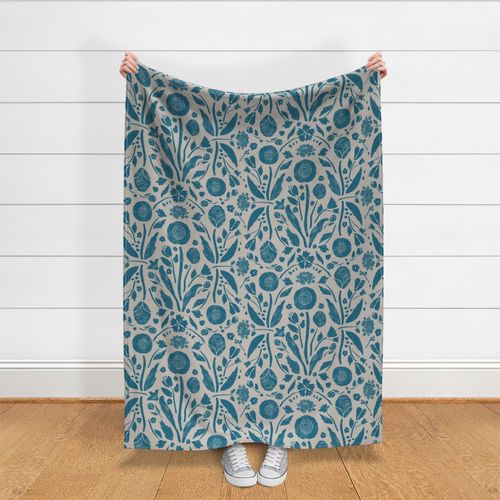 Garden Wall (Large) Teal & Gray block print boho floral damask half drop