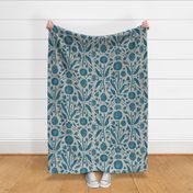 Garden Wall (Large) Teal & Gray block print boho floral damask half drop