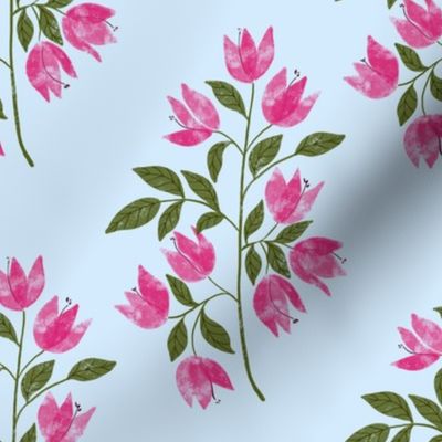 Pink Bougainvillea flower branch plant tree on light blue background large