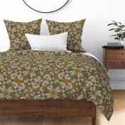 Anemones Women's pattern with white flowers on linen texture - warm ochre