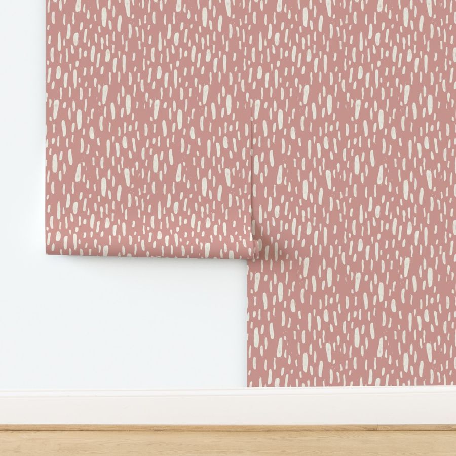 Large long narrow fawn spots block print in ecru off-white on dusty rose