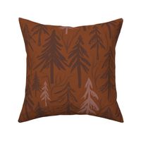 Woodland Forest Pine Trees &Cabincore Dark Trees on Warm Rustic Brown