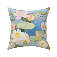 Hand-painted Waterlilies in Pastel Peach and Blue Green Oil Paint Medium