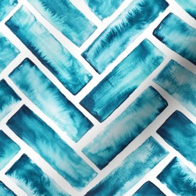 Watercolor Herringbone Tile - 3803 large - aqua teal blue