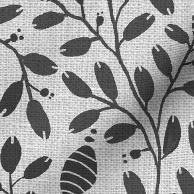 (L) alder cones - delicate botanical pattern on linen texture - graphite