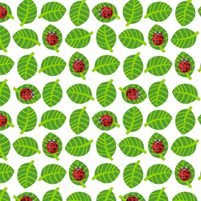 ladybugs kawaii - red ladybugs,  light green leaves, white background