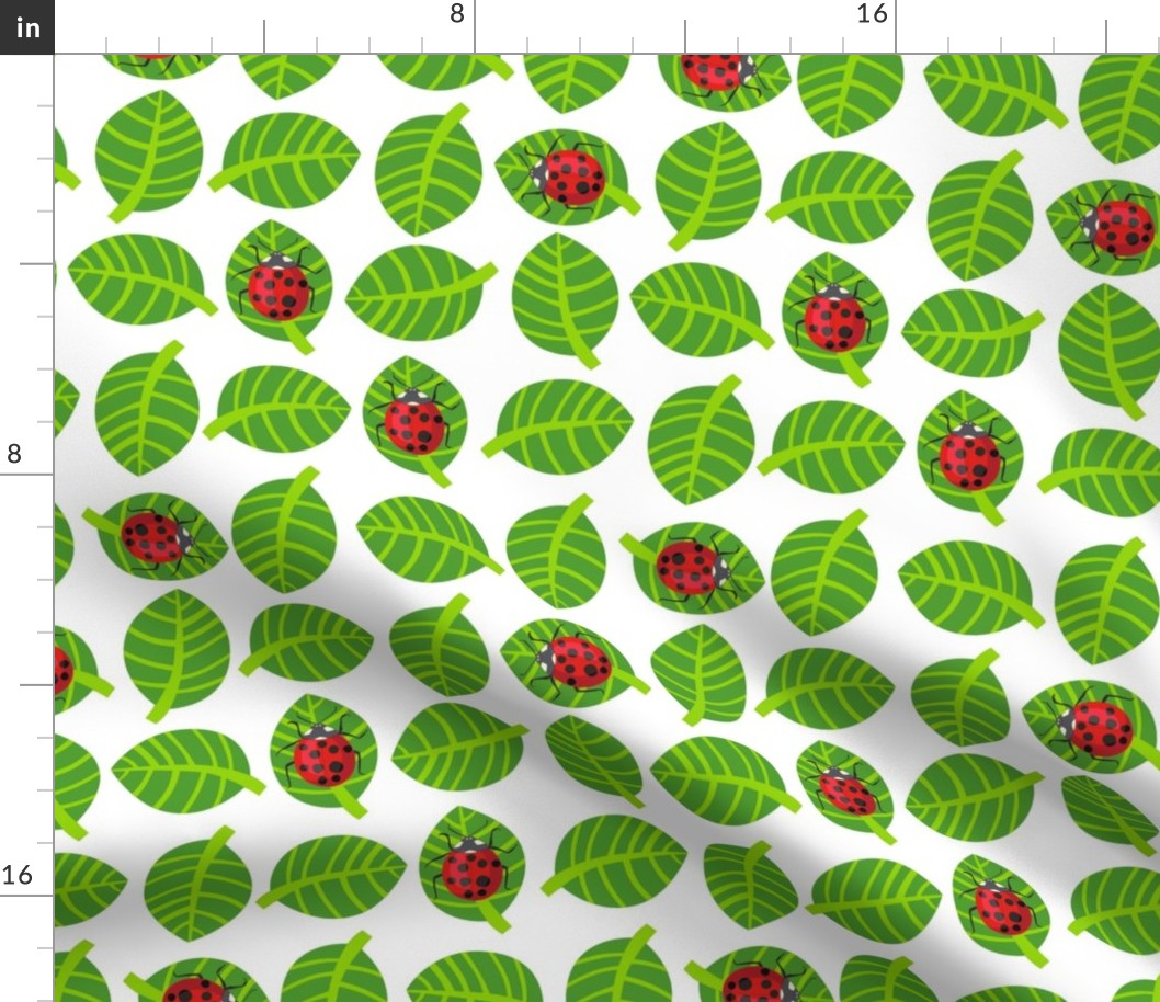 ladybugs kawaii - red ladybugs,  light green leaves, white background