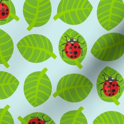 ladybugs kawaii - red ladybugs,  light green leaves, blue background