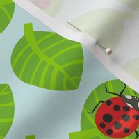 ladybugs kawaii - red ladybugs,  light green leaves, blue background