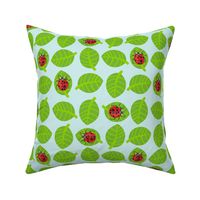 ladybugs kawaii - red ladybugs,  light green leaves, blue background