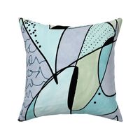 (L) Mid Century Modern Graphic Curving Shapes Abstract Blues and Greens