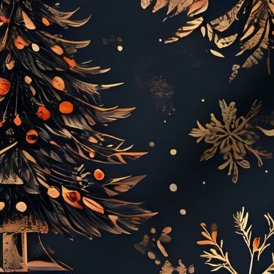 Intricate Golden Christmas Trees And Snowflakes On Indigo Background